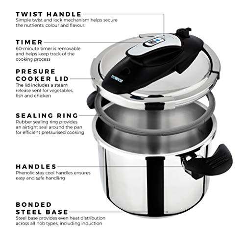 Tower T920003 Pressure Cooker, Twist/Turn Lid, Stainless Steel, 6 Litre, 22 cm £43.29 @ Amazon