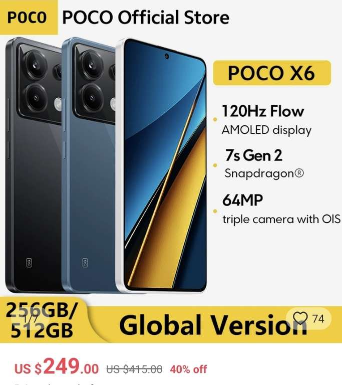 Poco X6 8+256 GB 120Hz 1.5K, Snapdragon 7s Gen 2, Triple cámara de