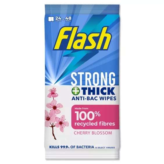 Flash Strong & Thick Antibacterial Wipes With Cherry Blossom Scent + £1 Back via Rewards App
