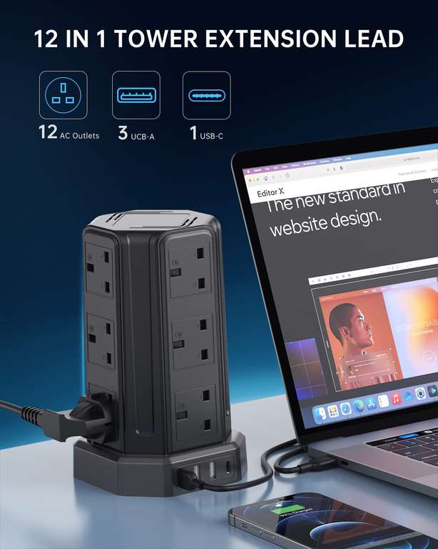 Tower Extension Lead 5M Cable 12 Way Multi Plug with 4 USB Ports £24.36 ...
