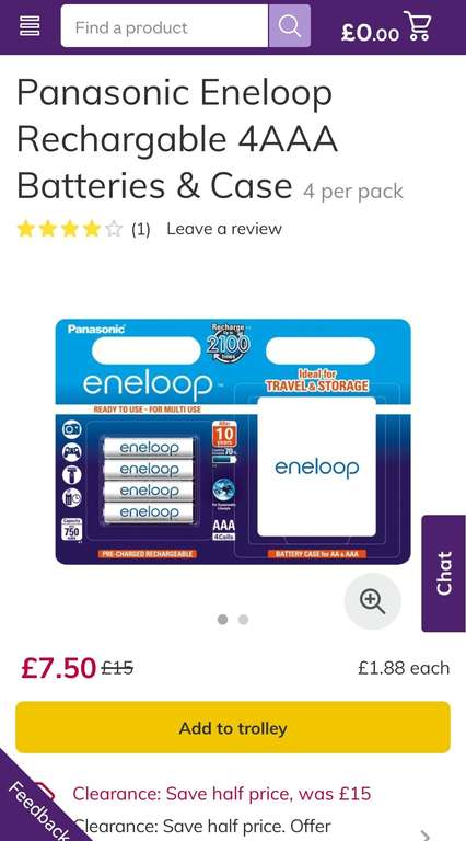 Panasonic Eneloop Pro AAA Rechargeable batteries £10 for 4 pack or regular AAA £7.50 (£40 minimum order for free delivery) @ Ocado