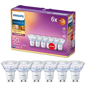 PHILIPS WarmGlow 6 Pack Dimmable [GU10 Spot] LED Light Bulbs, 3.8 W - 50W Equivalent, 2700-2200K. for Relaxed Home Lighting [Energy Class F]