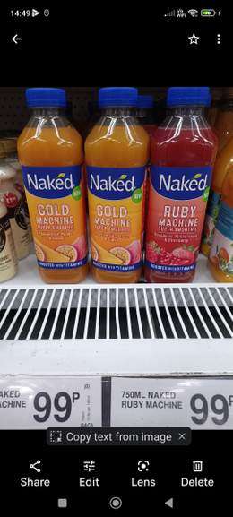 Naked 750ml Gold or Ruby Machine smoothies 99p at Farmfoods Birkenhead