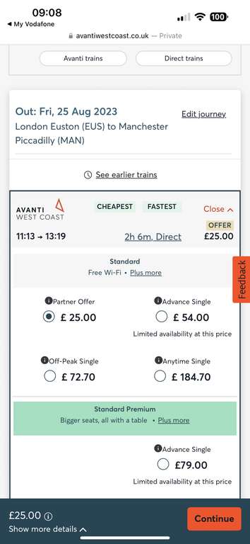Discounted Avanti West Coast train fares with Vodafone VeryMe from £8 eg. LON-MAN £25 or LON-BHM £15
