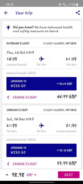 Direct Return Flights London Gatwick to Tel Aviv, Israel (Oct 2023/ Carry on Bags) - £98.98 ( Member Price) @ Wizz Air