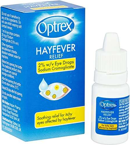 Optrex Hayfever Relief 2 Percent W/V Eye Drops Sodium Cromoglicate, Hayfever Eye Drops 10 ml :- £2.50 / £2.38 Subscribe & Save @ Amazon