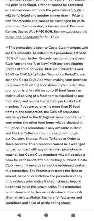 30% Off Food For Selected Costa Club Members Via App