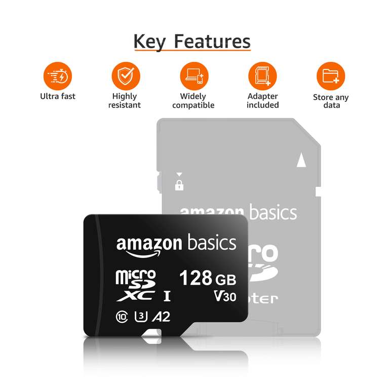 Amazon Basics Micro SDXC Memory Card with Full Size Adapter, A2, U3, Read Speed up to 100 MB/s, 128 gb, Black For Amazon Business Customers