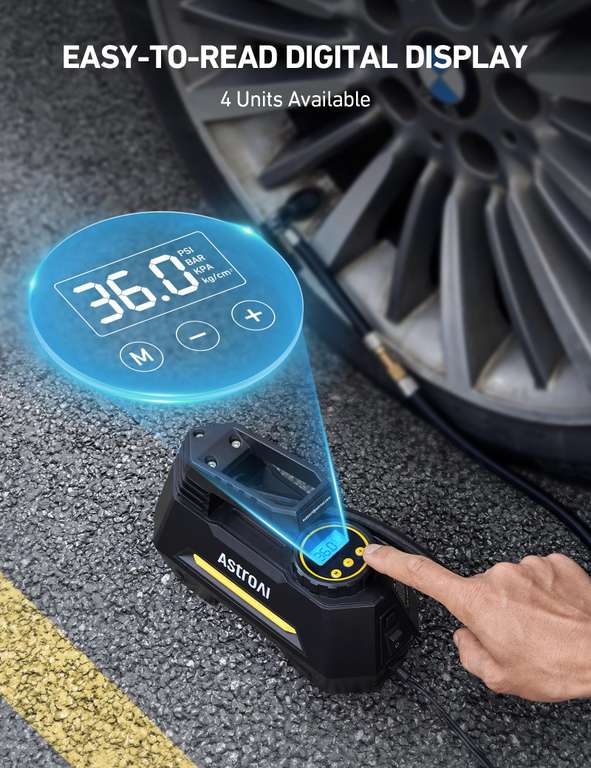 AstroAI Tyre Inflator Air Compressor 12V, Portable Electric Auto-Stop with Tyre Pressure - W/Code Sold by AstroAI UK FBA