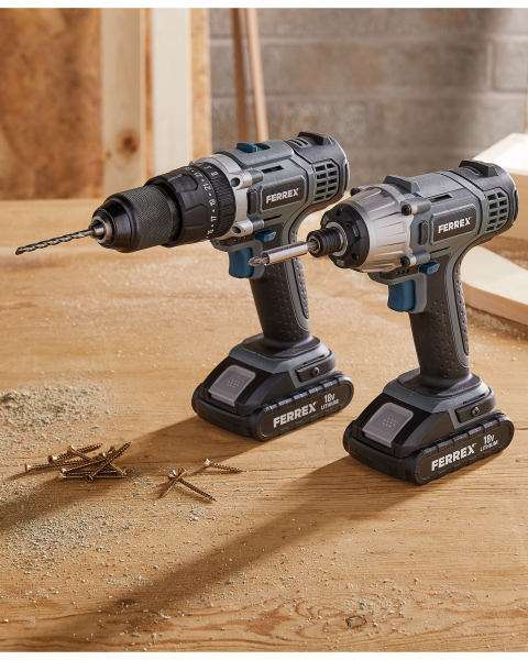 Ferrex 18V Impact Drill & Driver Set, includes 2 batteries, 1 charger, 41 piece bit set and 2 belt clips 3yr Warranty £35.99 at Aldi