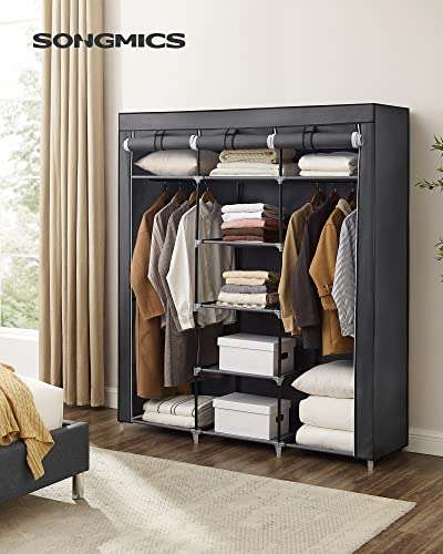 SONGMICS Canvas Wardrobe Bedroom Furniture Cupboard Clothes Storage Organiser Gray 175 x 150 x 45 cm RYG12G