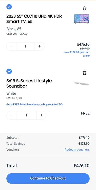 Samsung 65” CU7110 UHD 4K HDR Smart TV with free Samsung S61B 5.0ch Lifestyle All-in-one Soundbar worth £359.10 via EPP