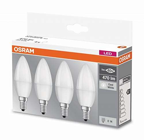4x Osram LED E14 candle shape light bulbs, not dimable, replacement for 40W, Cool White 4000K, Matt £4.94 (£4.69 Sub&save) @ Amazon