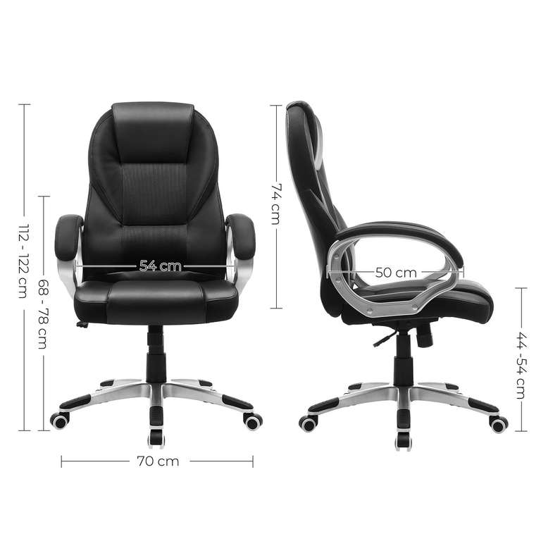 SONGMICS Executive Office Chair with High Back, Durable and Stable, Height Adjustable, Ergonomic, Black, OBG22BUK, 73 x 70 x (112-122) cm