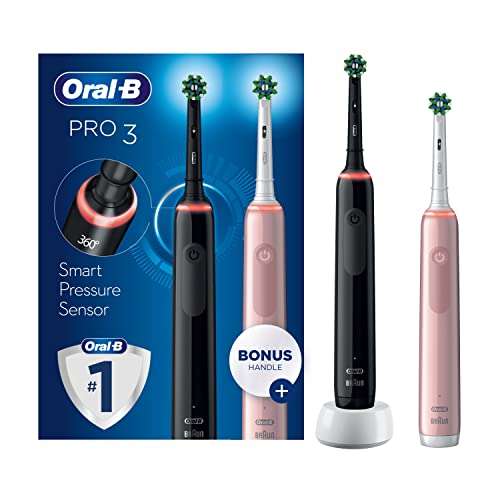 Oral-B Pro 3 3900 Electric Toothbrush with Smart Pressure Sensor - 2 Handles + 2 Cross Action Toothbrush Heads for £66.56 @ Amazon