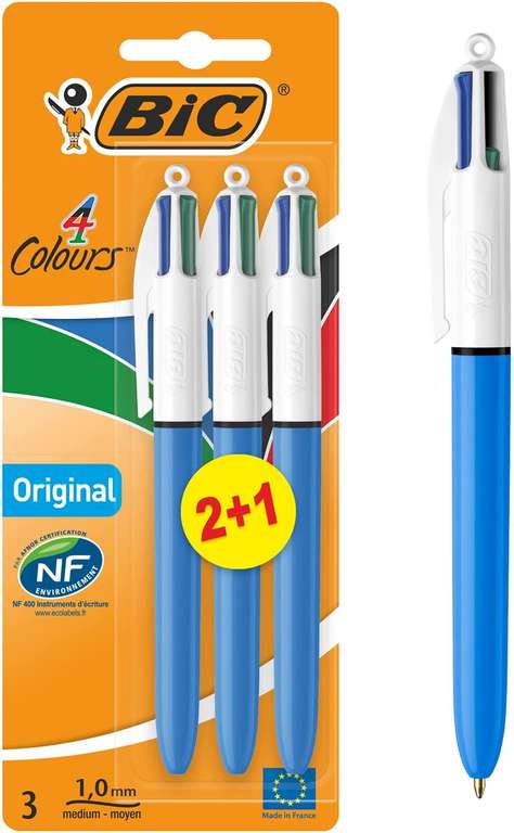 BIC 4 Colours Original Pens, Multi Coloured Pens All In One, Biro Pens, Medium 1.0mm, Green, Blue, Red, Black, 3 Pens Per Pack, 1 Pack