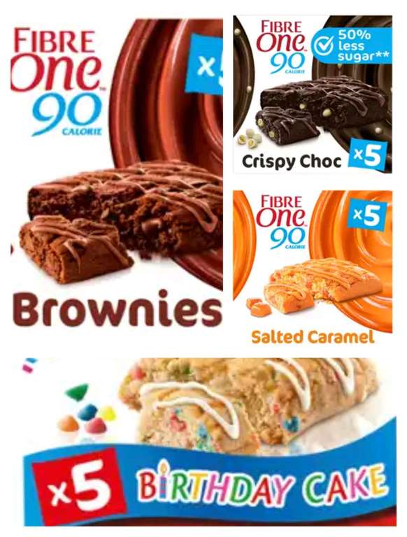 Fibre One 90 Birthday Cake/Crispy Choc Brownie/Choc Fudge Brownie/Salted Caramel/Cookies & Cream Drizzle Squares 5 Pack x 24g