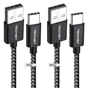 TECKNET USB C Cable, 60W 20V Nylon Braided High Speed Power Delivery Type C [2-Pack/1M+2M] - £3.49 @ Tecknet / Amazon
