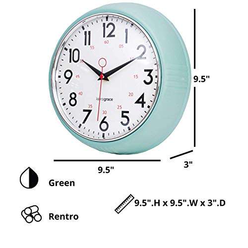 Kiera Grace Retro Wall Clock, Chrome Bezel and Convex Glass Lens, 9.5-Inch, 2.5-Inch Deep Sage Green (Temporarily OOS) - £12.80 @ Amazon