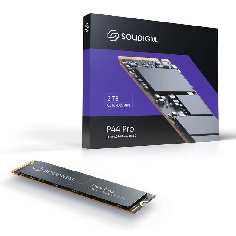 Solidigm P44 Pro 2TB PCIe NVMe Gen4 M.2 SSD 7,000MB/s, 176-Layer 3D TLC NAND Flash, DRAM, 1200 TBW - £90.99 @ Box (UK Mainland)