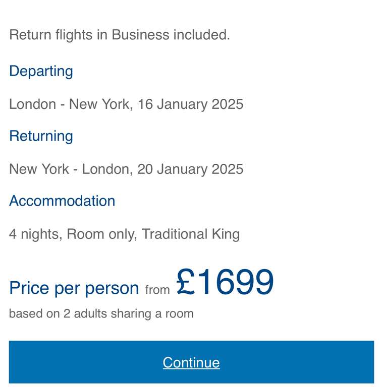 BA business class flights to New York and 4 nights 4* hotel £1699pp