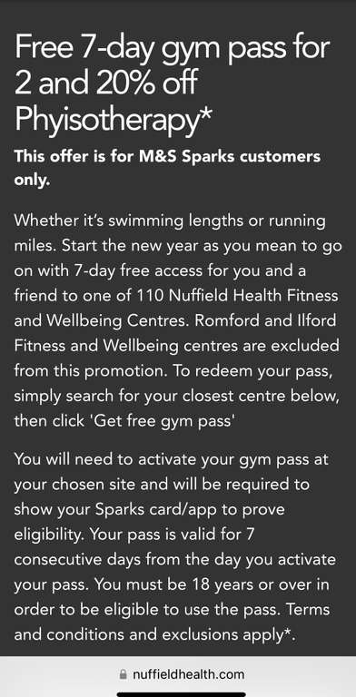 Free 7 day gym pass for 2 People with M&S Sparks Card