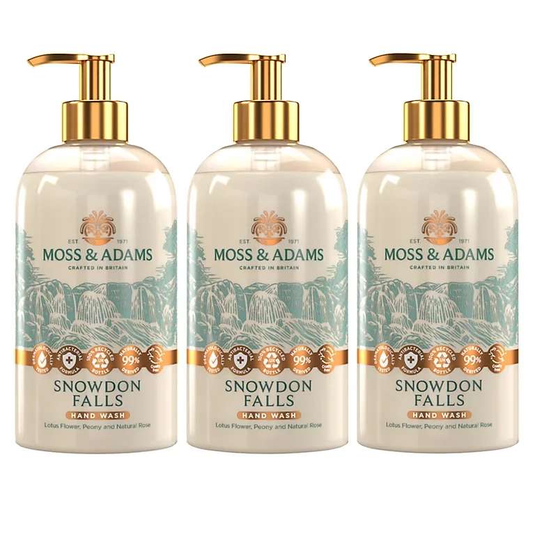 Moss & Adams Snowdon Falls Lotus Flower, Peony & Natural Rose Antibacterial Hand wash works out 66p each, 500ml - Free C&C only