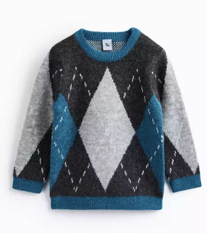 Tu Kids Grey Argyle Knitted Jumper - Ages 1-2 Yrs to 3 - 4 Yrs - Free C&C