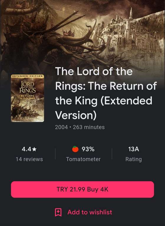 4K Extended version The Lord of the Rings: Fellowship Of The Ring / The Two Towers / The Return Of The King 98p @ Google Play Turkey