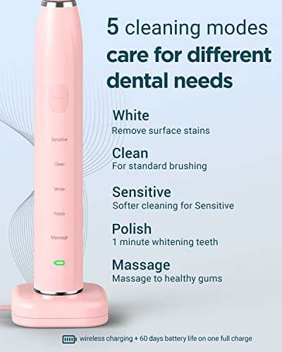 Sonic Electric Toothbrush with 8 Brush Heads, One Charge for 60 Days, IPX7 Waterproof, 5 Modes with 2 Minutes Build in Smart Timer