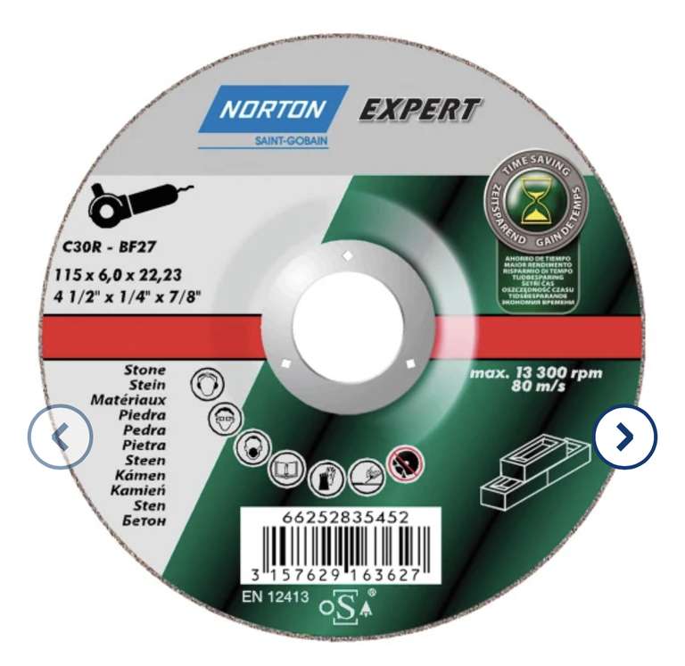 Norton Expert Stone Grinding Disc 230 x 6 x 22.23mm 30p free click & collect @ Jewsons