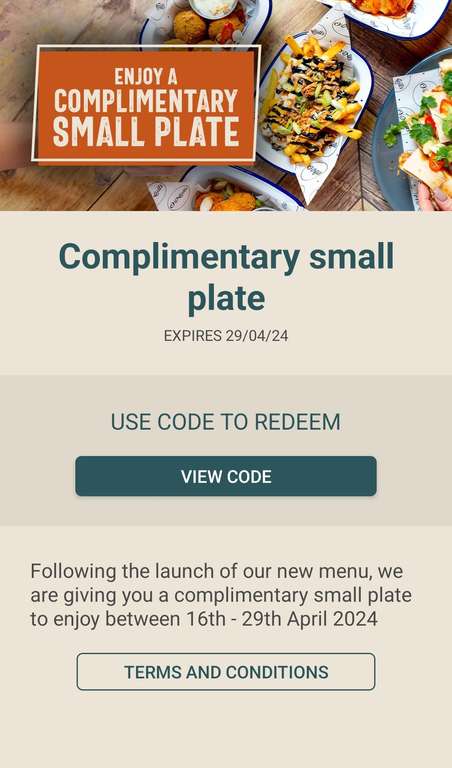 Complimentary small plate menu item for O'Neills App users - dine in only