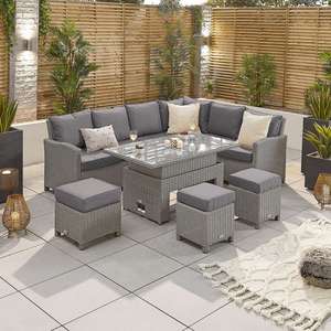 Ciara L-Shaped Corner Rattan Lounge Dining Set with 3 Stools - Right Handed Rising with Parasol Hole Table