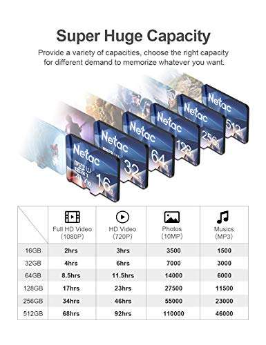 Netac 256GB MicroSDHC Memory Card, Micro SD Card, 4K Full HD Video Recording, UHS-I, C10, U3, A1, V30 - Sold by Netac Official Store / FBA