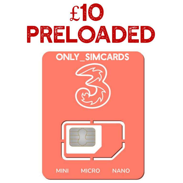Three PAYG Sim Card Preloaded with £10 credit (Opened / Never Used) Sold by only_simcards