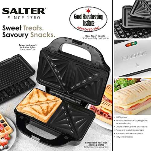 Salter EK2143 Deep Fill 3-in-1 Snack Maker, Panini Press & Griddle, Waffle Iron, Toastie Sandwich Toaster - £29.99 @ Amazon