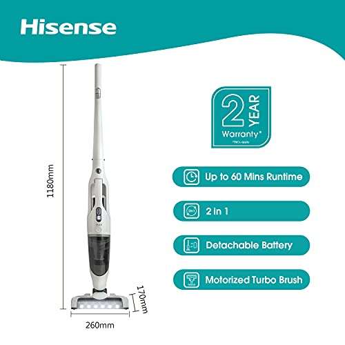 Hisense HVC5232WUK Cordless Vacuum with removeable battery, 0.5 Litre capacity, and upto 60mins run time - White £68.99 @ Amazon