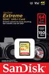 SanDisk Extreme 64GB SDXC Memory Card up to 150MB/s, Class 10, U3, V30 £11.99 @ Amazon