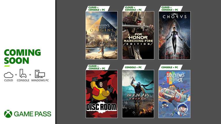 Xbox Game Pass Additions - Ninja Gaiden: Master Collection , Chorus & More + Assassin’s Creed Origins: Deluxe Pack Upgrade (Perk)