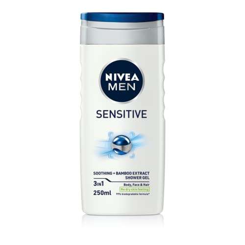 NIVEA MEN Sensitive Shower Gel Pack of 6 (6x250ml) Alcohol-Free Sensitive Skin Shower Gel (£5.40/£5.10 with Subscribe&Save)+ 10% off 1st S&S