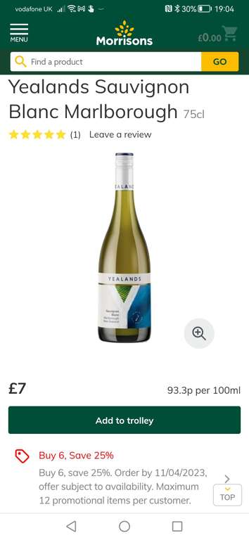 Buy 6 save 25% on select wine / prosecco - Eg 6 x Brancott Estate Sauvignon Blanc White Wine £31.50 (£5.25 each) @ Morrisons