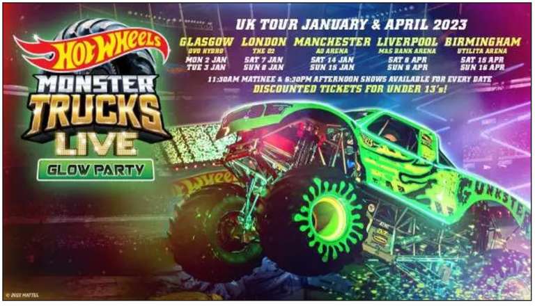 Hot Wheels Monster Truck Ultimate Glow Party Live UK Tour Glasgow, Leeds, Manchester, London O2, Up to 46% Off Tickets W/Code
