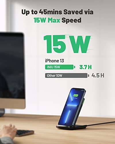 INIU Wireless Charger, 15W Fast Wireless Charging Stand Qi-Certified with Sleep-friendly Adaptive Light - £10.39 With Voucher @ Amazon