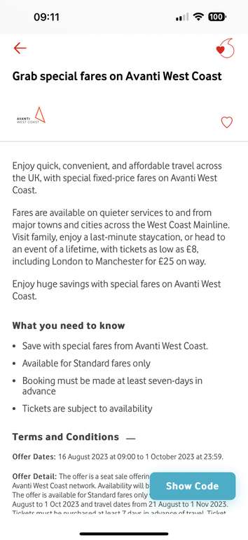 Discounted Avanti West Coast train fares with Vodafone VeryMe from £8 eg. LON-MAN £25 or LON-BHM £15