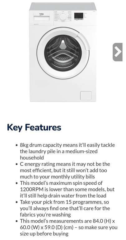 Beko WTL82051W 8Kg Washing Machine 1200 RPM £223.20 with code (UK Mainland) @ AO / eBay