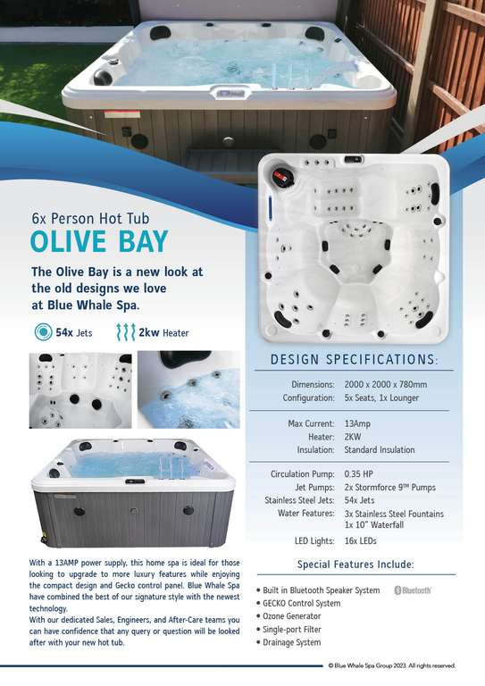 Blue Whale Spa Olive Bay 54-Jet 6 Person Hot Tub - Delivered and Installed £3999.99 Incl VAT @ Costco Online (Membership required)