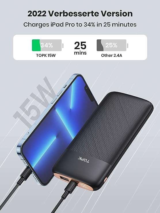 TOPK 3A 10000mAh USB C Portable Charger with LED Display PowerBank 15W (With Voucher)