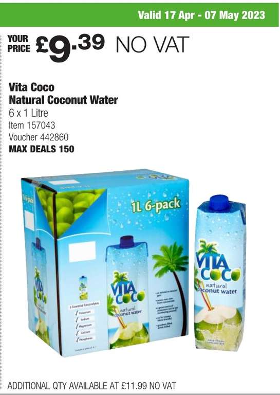 Vita Coco Natural Coconut Water 6 x 1 L £9.39 instore (Members Only) @ Costco