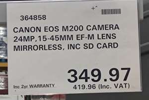 Canon EOS M200 Camera, EF-M 15-45mm Lens, Extra Battery and 16GB SD card £419.96 in Costco Chester (Membership Required)