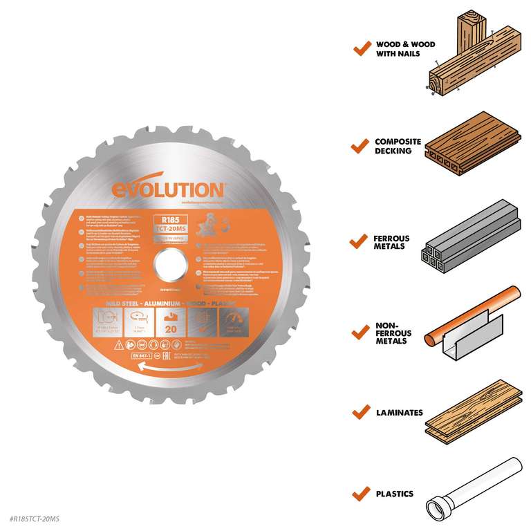 Evolution Power Tools R185TCT-20MS 185 mm Multi Material Mitre Saw Blade